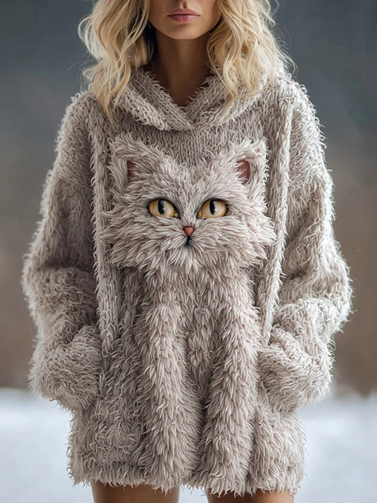 Cute Fuzzy Cat Embroidered Soft Hooded Sweater