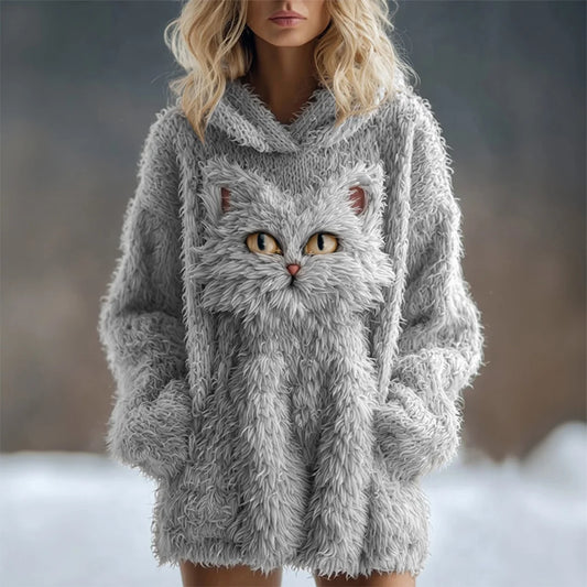 Cute Fuzzy Cat Embroidered Soft Hooded Sweater